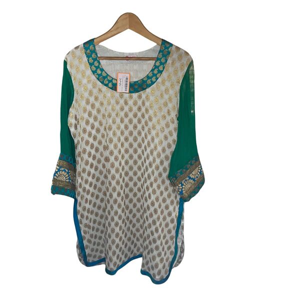 Fuchsia Designs Embroidered Kurta Tunic XXL White Teal Gold Brocade NWT - Picture 7 of 9